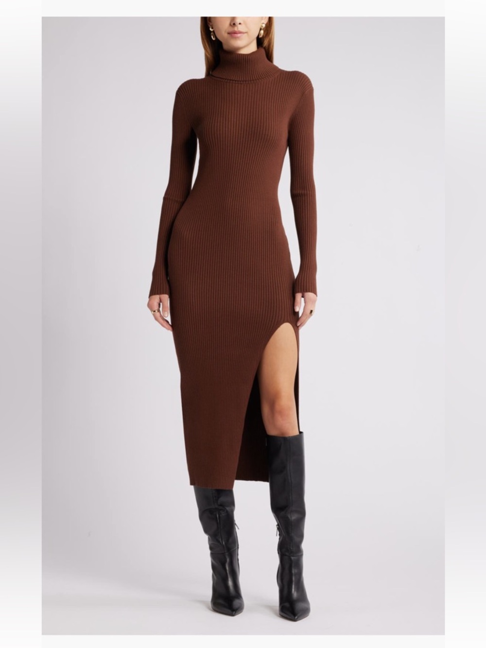 Open Edit Rib Long Sleeve Turtleneck Sweater Dress - Grey Magnet